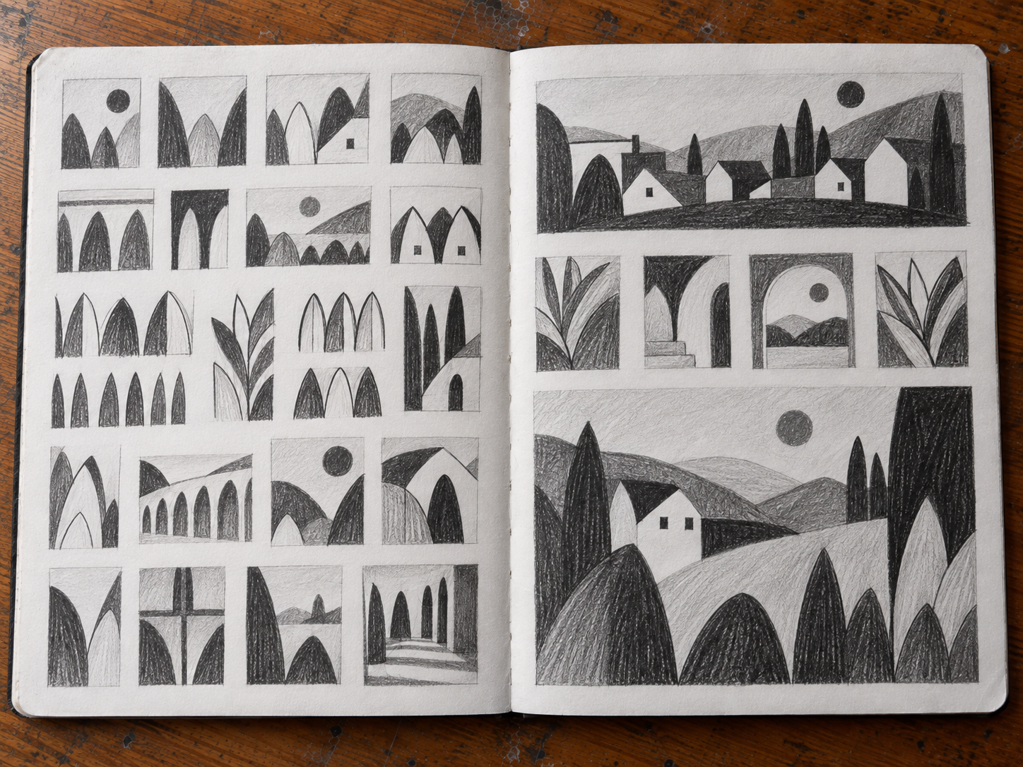An open visual diary showing established graphite forms developed through repetition, placement, grouping and relationships with place.
